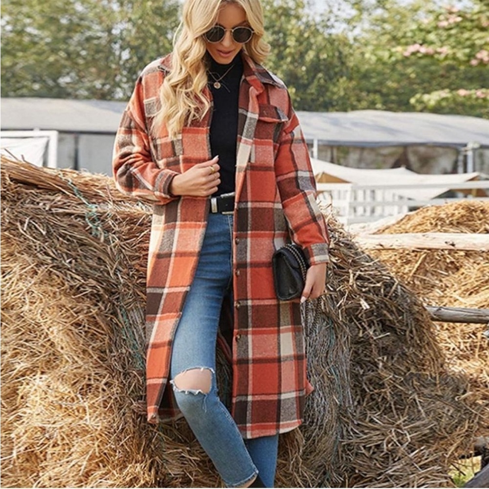 NWT Women Wool Blend Long Plaid Shirt Jacket Button Down Pocketed Shirt Shacket